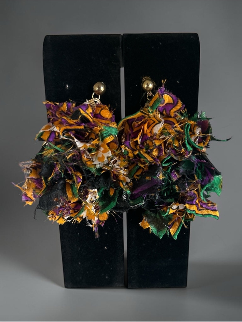 Vibrant vintage Handmade Floral Cluster Drop Earrings - Green, Purple & Gold